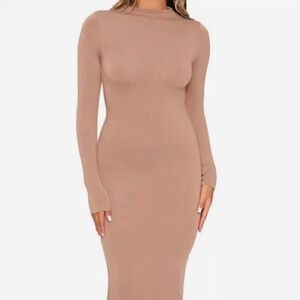 Cream Bodycon Long Sleeve Dress with Mock Neck for Casual Work